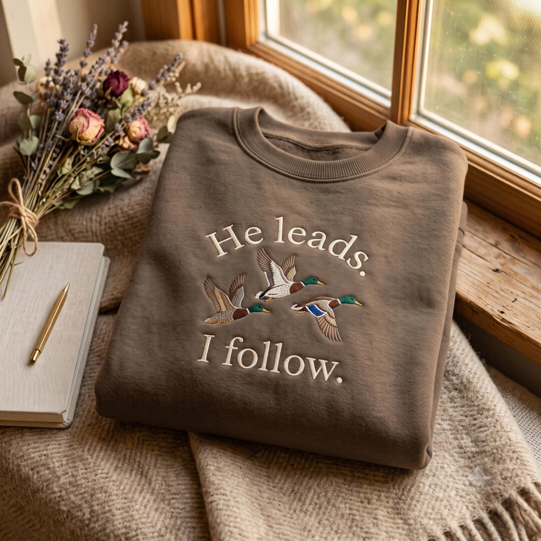 He Leads I Follow Flying Mallard Ducks Christian Faith embroidered sweatshirt — front view