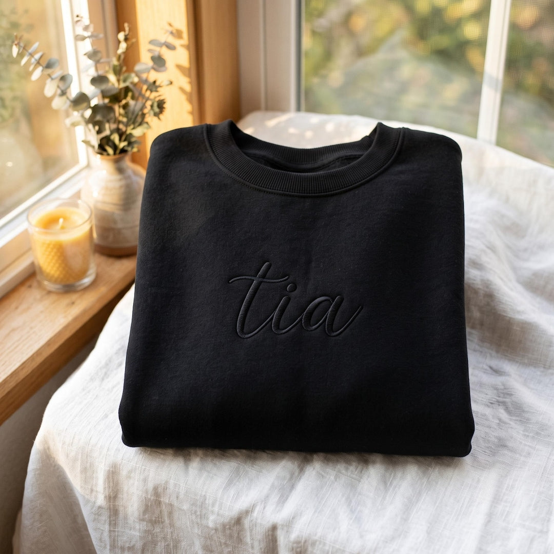Personalized Tia Script Name embroidered sweatshirt — front view