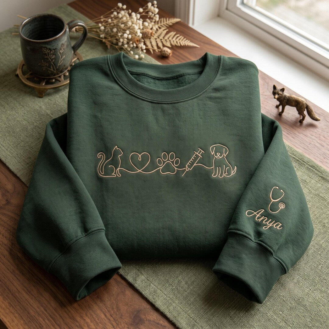 Personalized VET Tech Cat Dog Paw Heart Syringe Stethoscope Line Art embroidered sweatshirt — front view