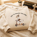 Funny Goose Riding Scooter Holy Bible Off to Praise the Lord Faith embroidered sweatshirt — front view