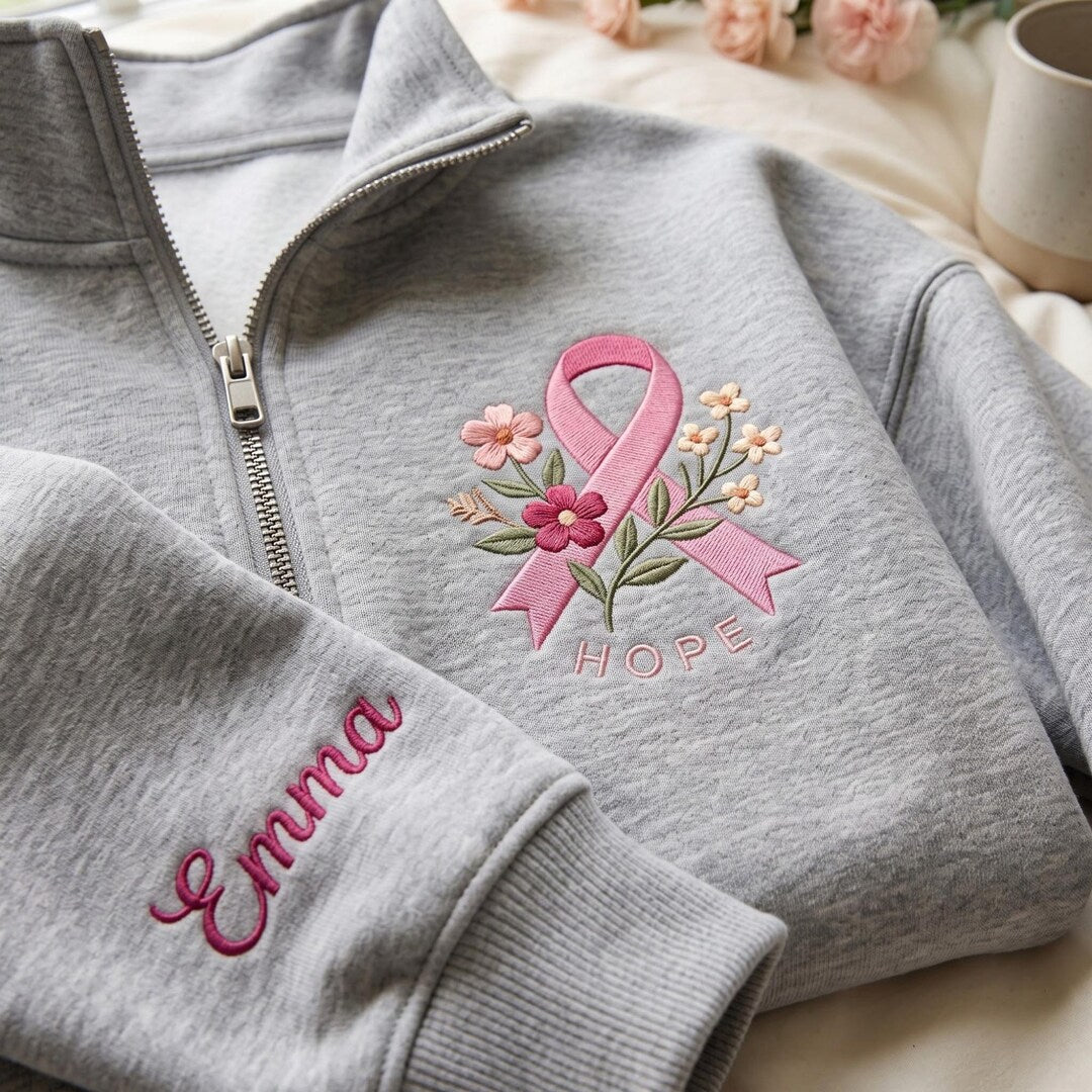 Personalized Breast Cancer Awareness Pink Ribbon Hope Wildflower Floral embroidered sweatshirt — front view