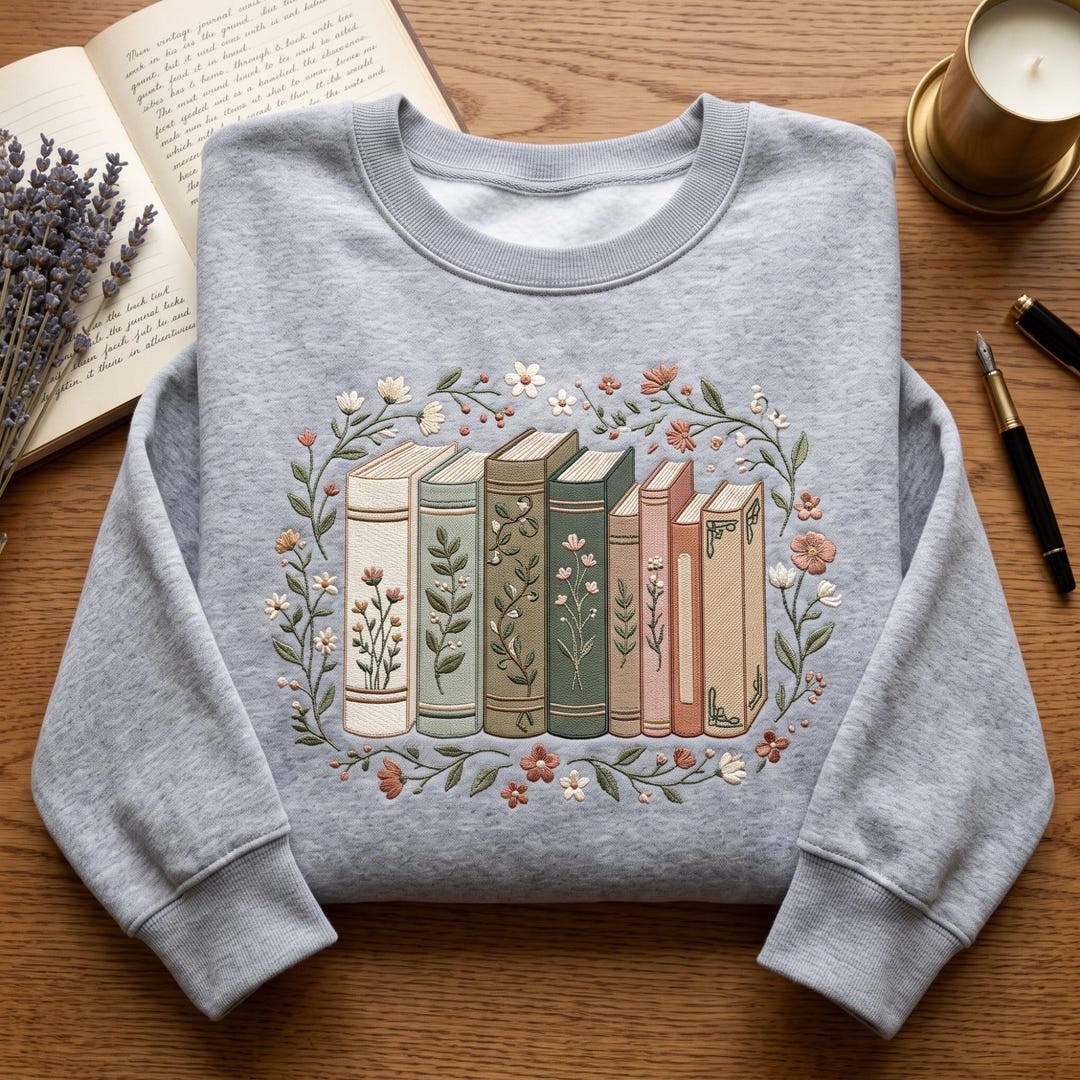 Personalized Floral Books Stack Wildflower Wreath Book Lover embroidered sweatshirt — front view