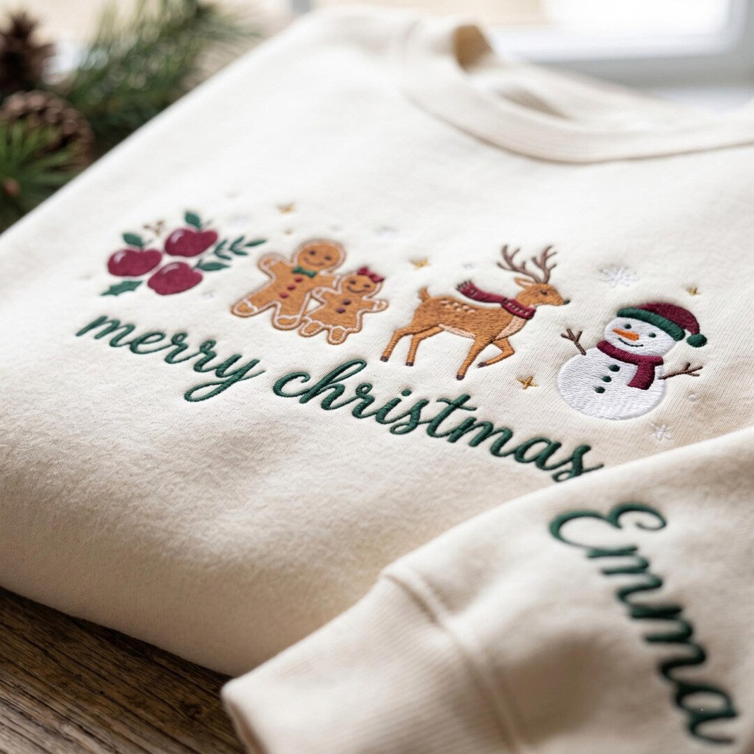 Personalized Merry Christmas Gingerbread Reindeer Snowman Custom Name embroidered sweatshirt — front view