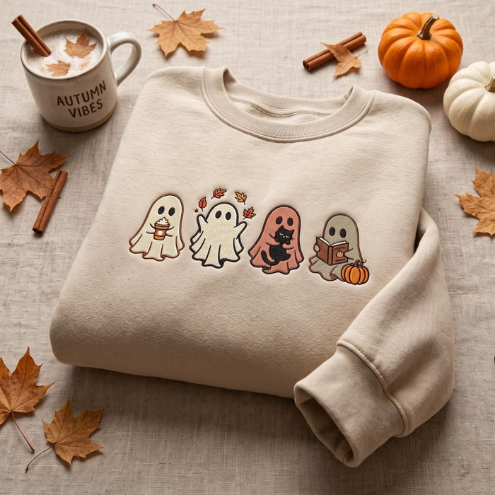 Halloween Four Ghosts Coffee Autumn Leaves Black Cat Book Pumpkin Embroidered Sweatshirt