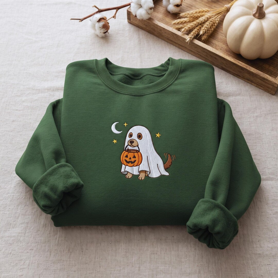 Personalized Halloween Ghost Dog Pumpkin Bucket Stars Moon embroidered sweatshirt — front view