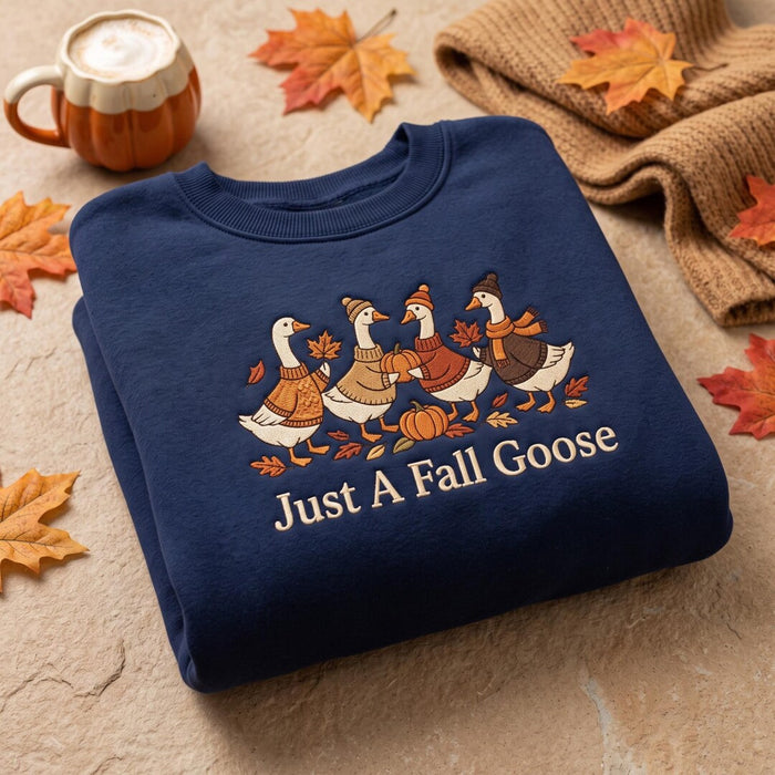 Just a Fall Goose Autumn Leaves Pumpkin Cozy Sweater Gang Embroidered Sweatshirt