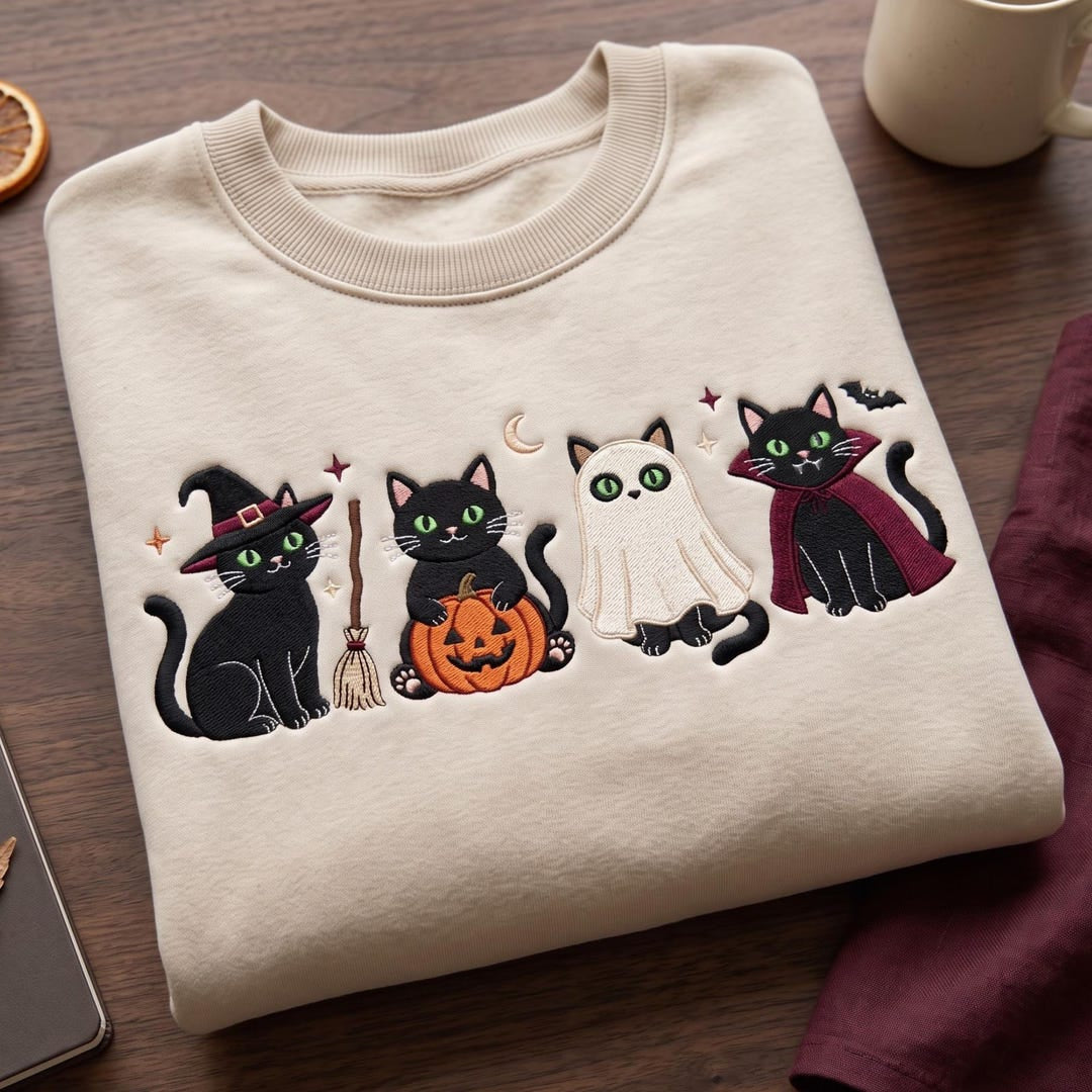 Personalized Halloween Black Cat Witch Ghost Vampire Pumpkin Broom Spooky embroidered sweatshirt — front view