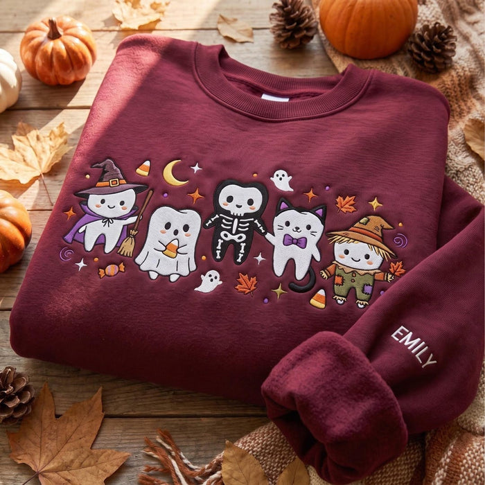 Personalized Halloween Cute Tooth Ghost Skeleton Cat Witch Scarecrow Custom Name Sleeve Embroidered Sweatshirt