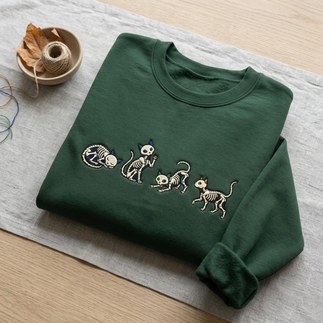 Custom Name Skeleton Cat Halloween Poses embroidered hoodie — front view