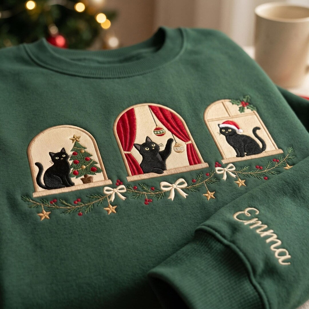 Personalized Black Cat Christmas Windows Garland Bow Custom Name embroidered sweatshirt — front view