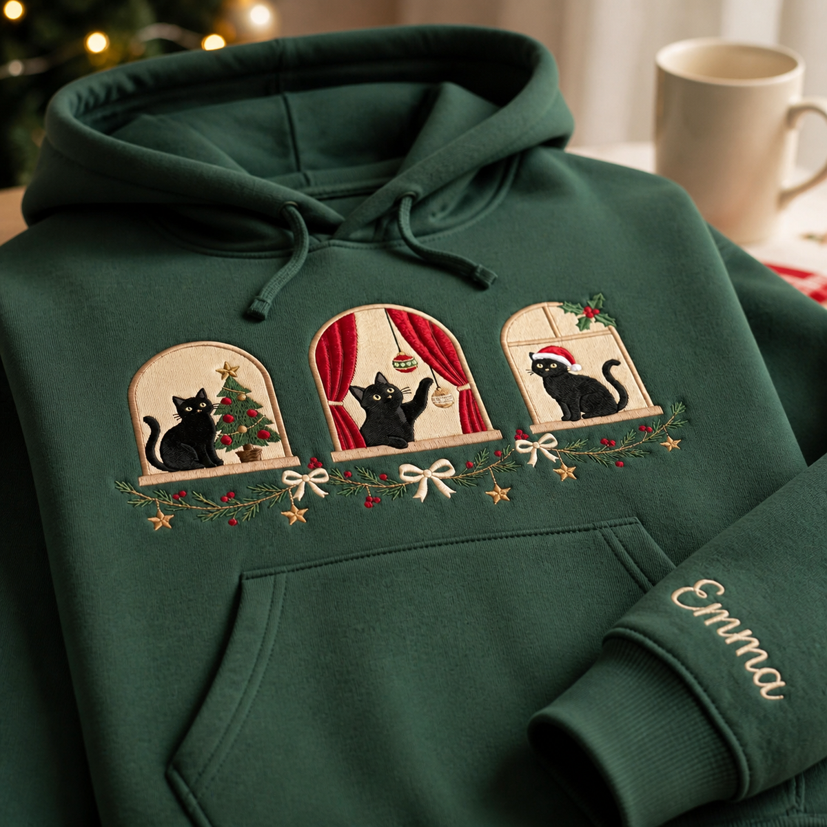Personalized Black Cat Christmas Windows Garland Bow Custom Name Embroidered Hoodie