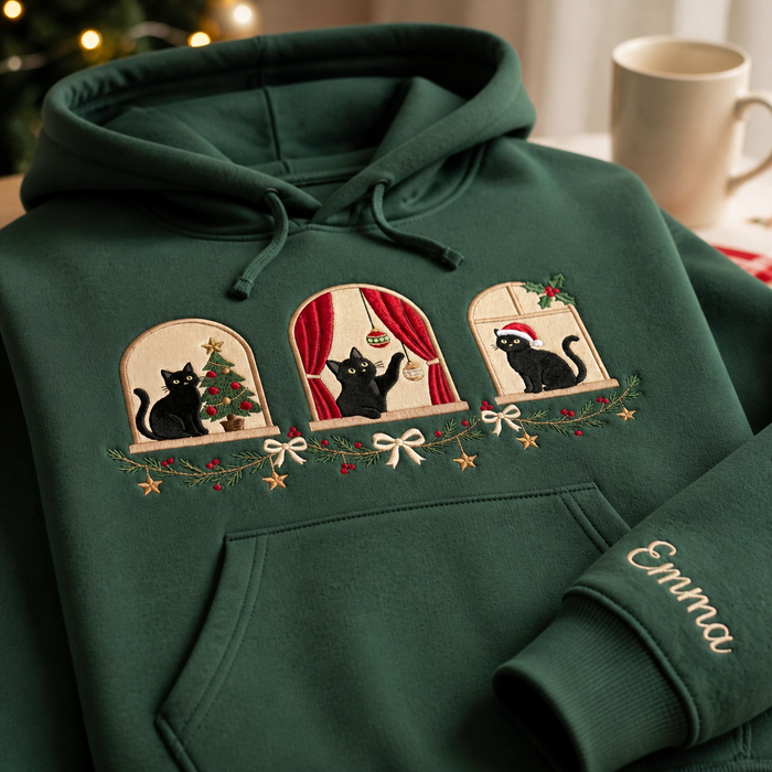 Personalized Black Cat Christmas Windows Garland Bow Custom Name Embroidered Hoodie