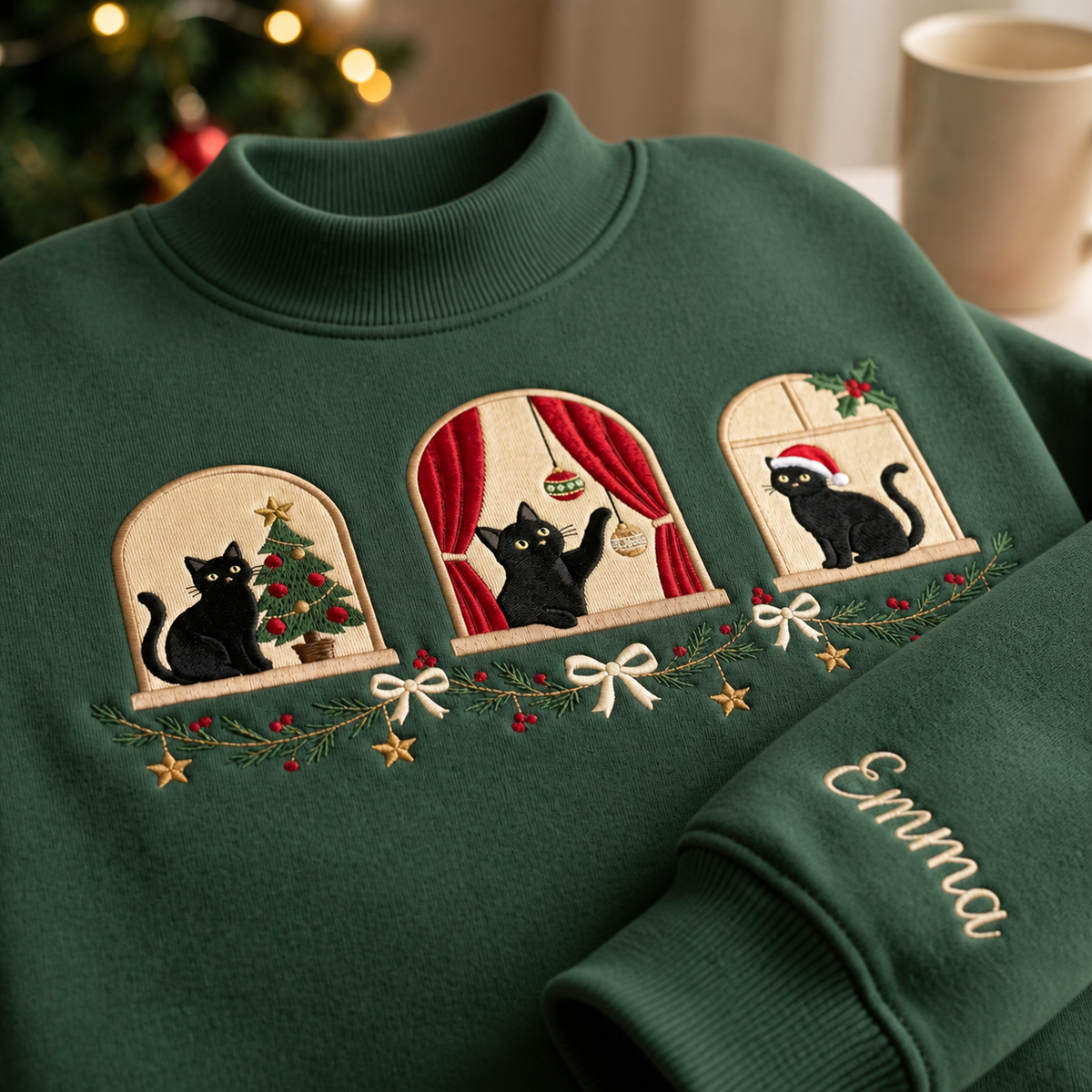 Personalized Black Cat Christmas Windows Garland Bow Custom Name Embroidered Mock Neck Sweatshirt