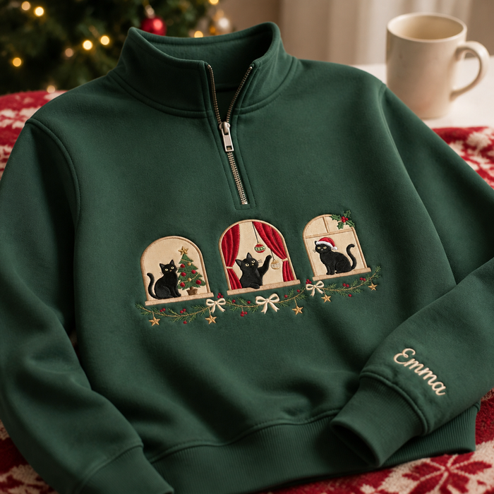 Personalized Black Cat Christmas Windows Garland Bow Custom Name Embroidered Quarter-Zip