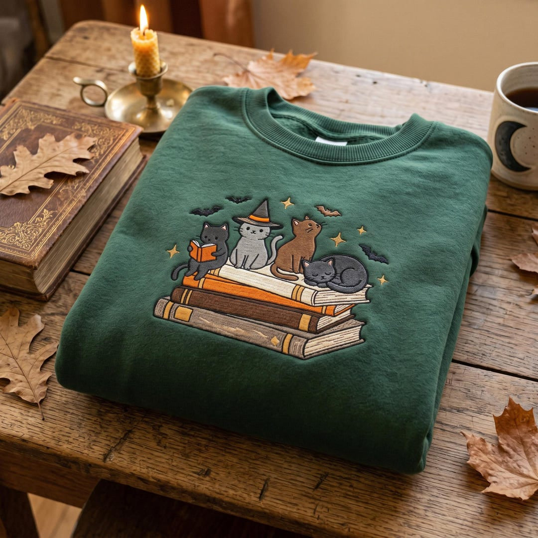 Personalized Halloween Witch Cat Reading Books Spooky Cats Bats Stars Custom Name embroidered sweatshirt — front view
