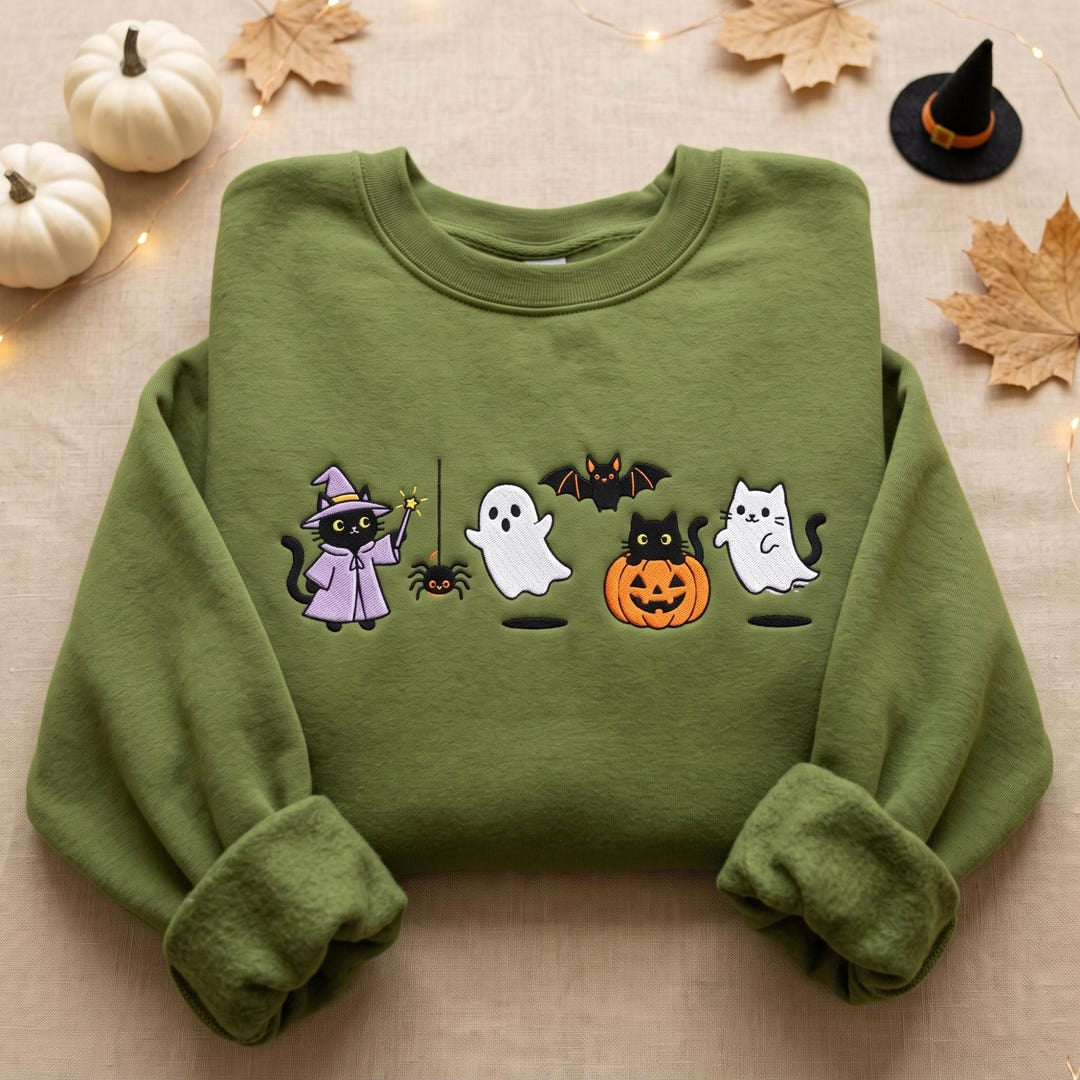 Personalized Halloween Witch Cat Ghost Bat Pumpkin Spooky Cats embroidered sweatshirt — front view