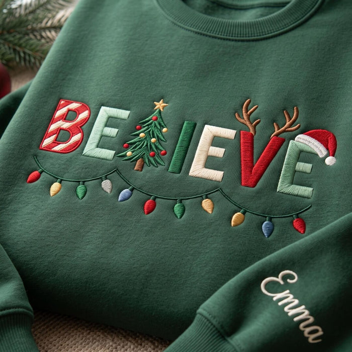 Personalized Believe Christmas Lights Tree Reindeer Santa Hat Embroidered Sweatshirt