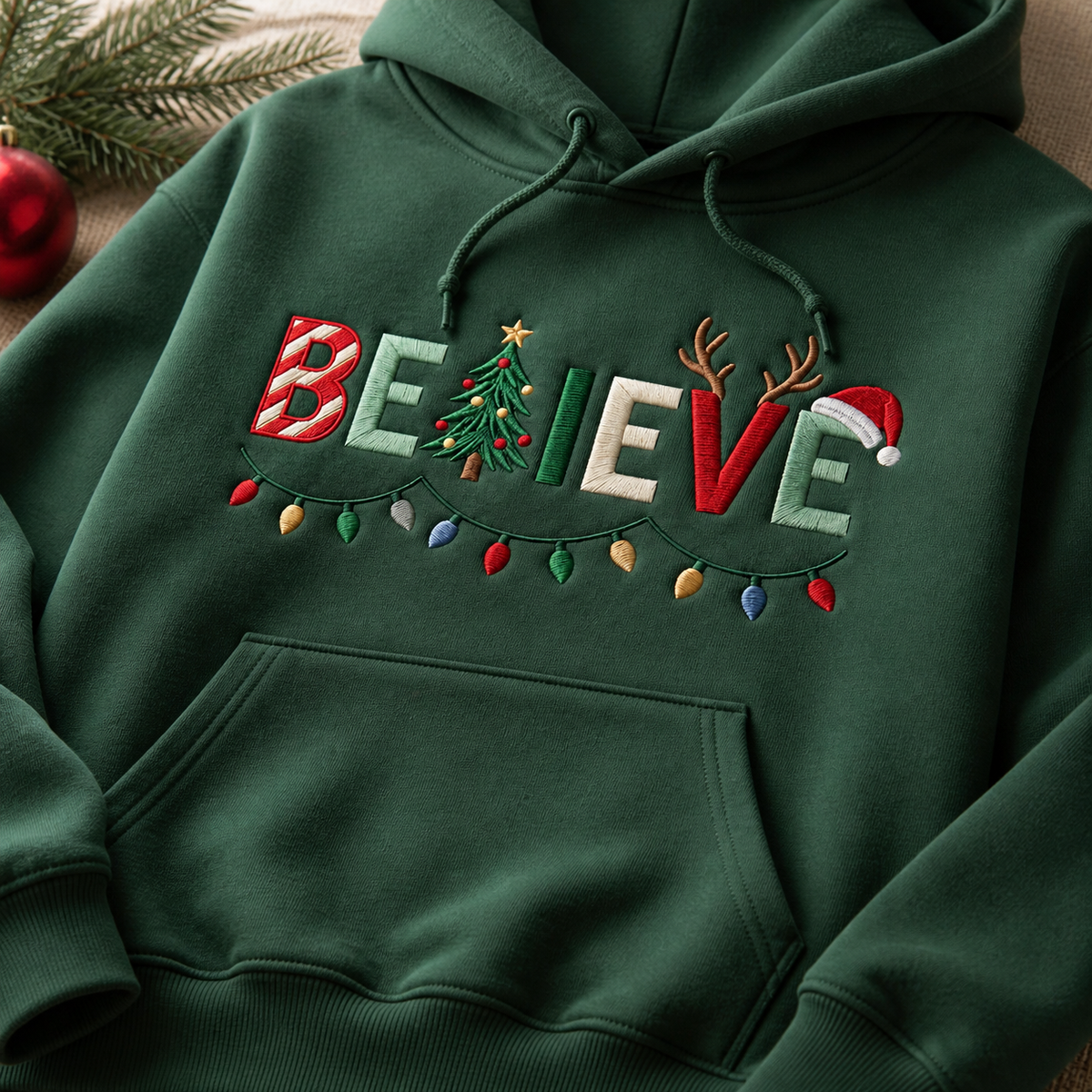 Personalized Believe Christmas Lights Tree Reindeer Santa Hat Embroidered Hoodie
