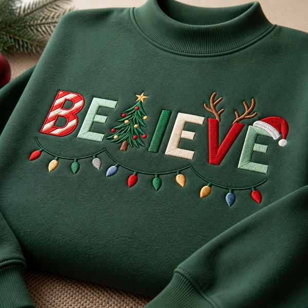 Personalized Believe Christmas Lights Tree Reindeer Santa Hat Embroidered Mock Neck Sweatshirt