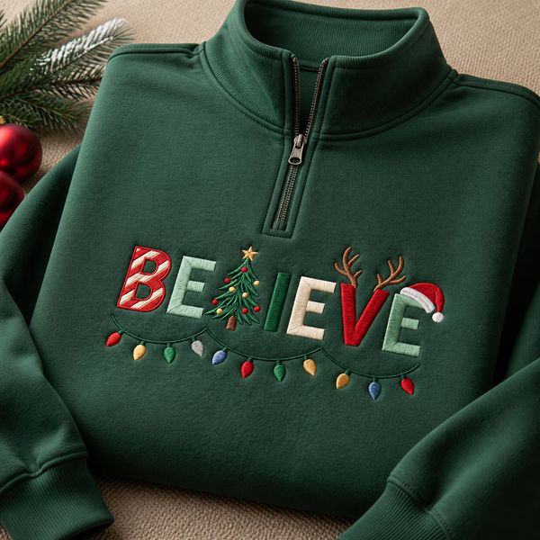 Personalized Believe Christmas Lights Tree Reindeer Santa Hat Embroidered Quarter-Zip