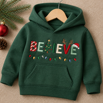 Personalized Believe Christmas Lights Tree Reindeer Santa Hat Embroidered Youth Hoodie