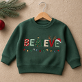 Personalized Believe Christmas Lights Tree Reindeer Santa Hat Embroidered Youth Sweatshirt