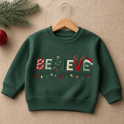 Personalized Believe Christmas Lights Tree Reindeer Santa Hat Embroidered Youth Sweatshirt