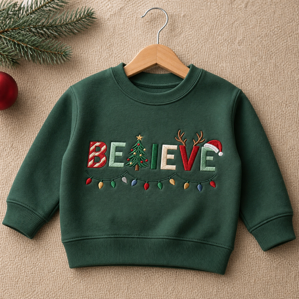 Personalized Believe Christmas Lights Tree Reindeer Santa Hat Embroidered Youth Sweatshirt
