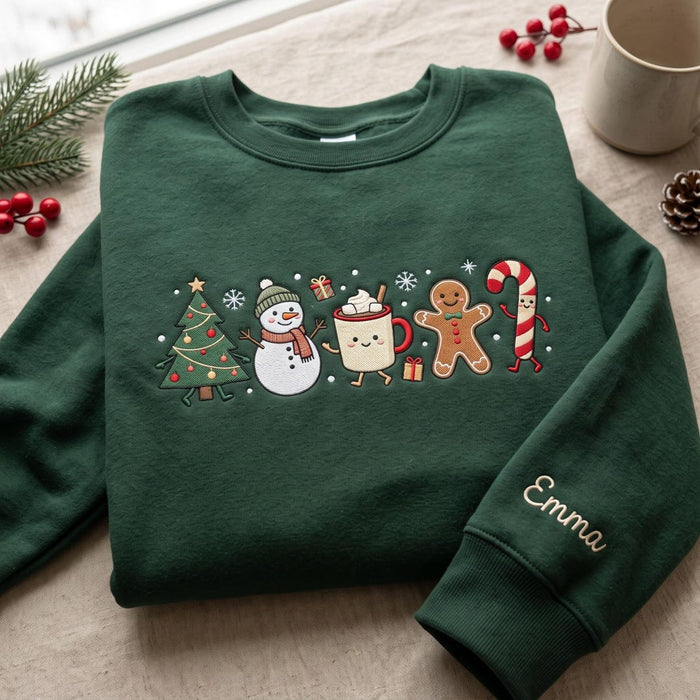 Personalized Christmas Dancing Characters Snowman Gingerbread Candy Cane Hot Cocoa Tree Custom Name Embroidered Sweatshirt