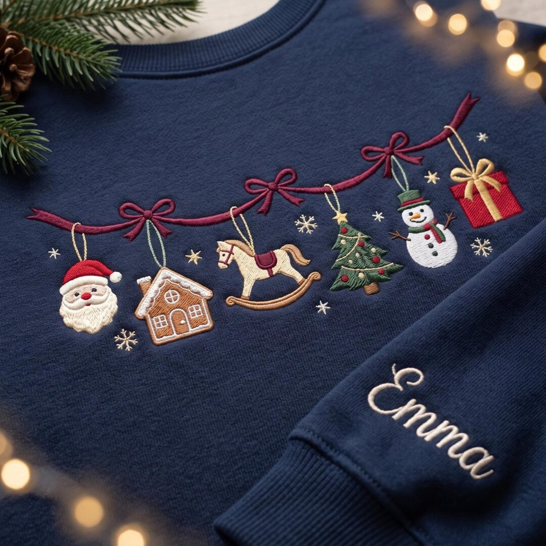 Personalized Christmas Garland Santa Gingerbread Rocking Horse Snowman Coquette Bow embroidered sweatshirt — front view
