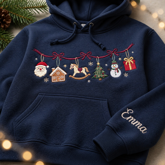 Personalized Christmas Garland Santa Gingerbread Rocking Horse Snowman Coquette Bow Embroidered Hoodie
