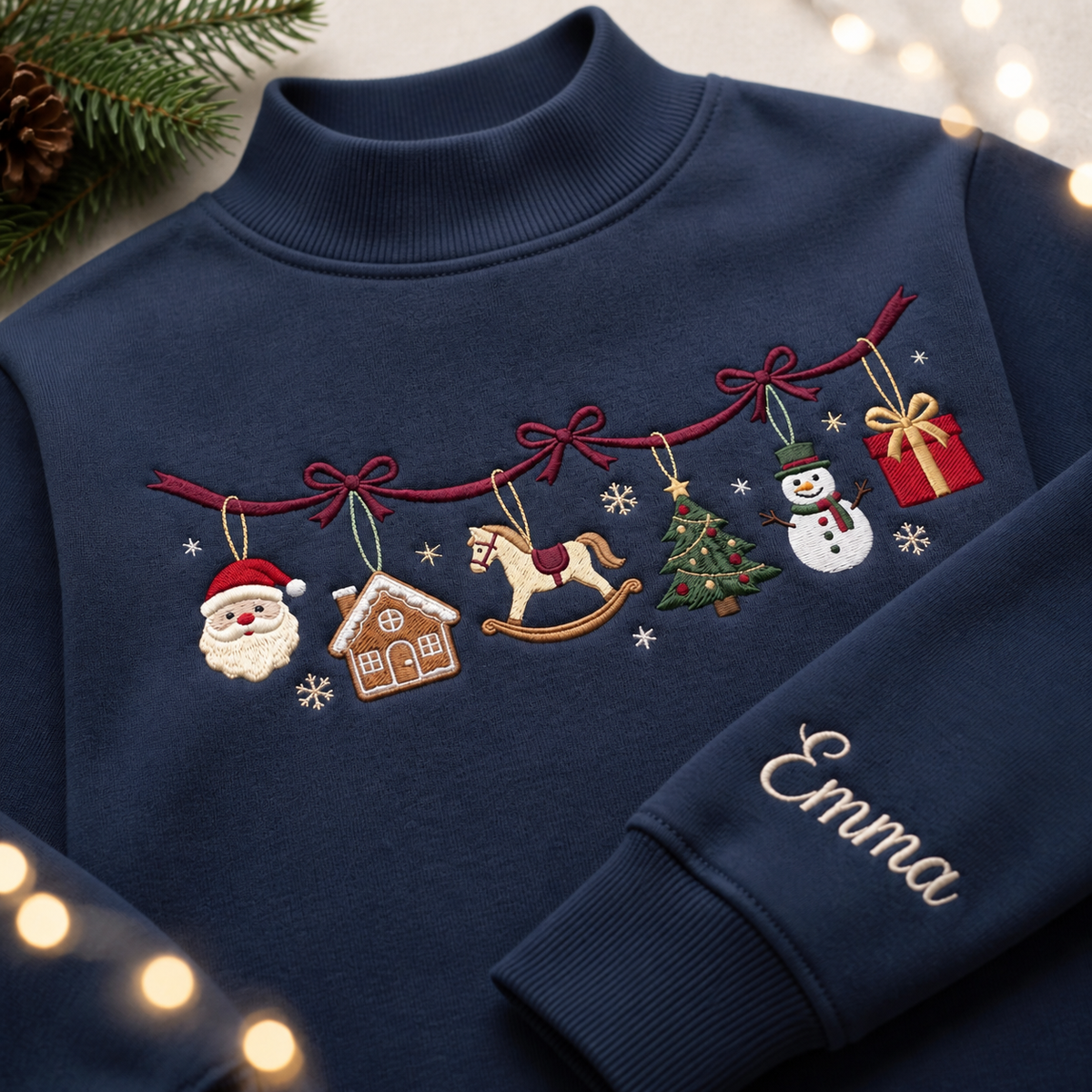 Personalized Christmas Garland Santa Gingerbread Rocking Horse Snowman Coquette Bow Embroidered Mock Neck Sweatshirt