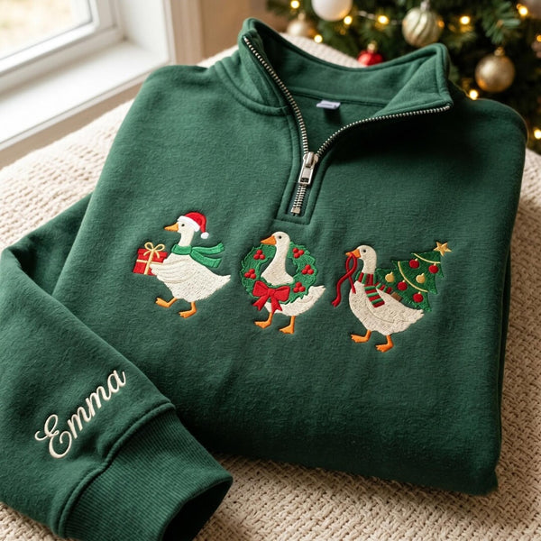 Personalized Christmas Geese Trio Santa Hat Wreath Tree Scarf Holiday embroidered sweatshirt — front view