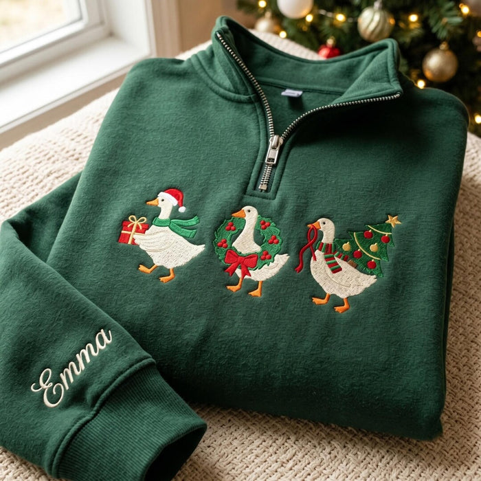 Personalized Christmas Geese Trio Santa Hat Wreath Tree Scarf Holiday Embroidered Quarter-Zip