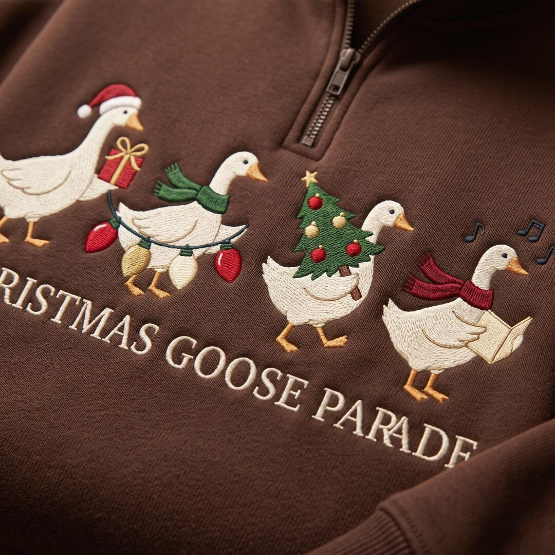 Custom Name Christmas Goose Parade Four Geese Holiday embroidered sweatshirt — front view