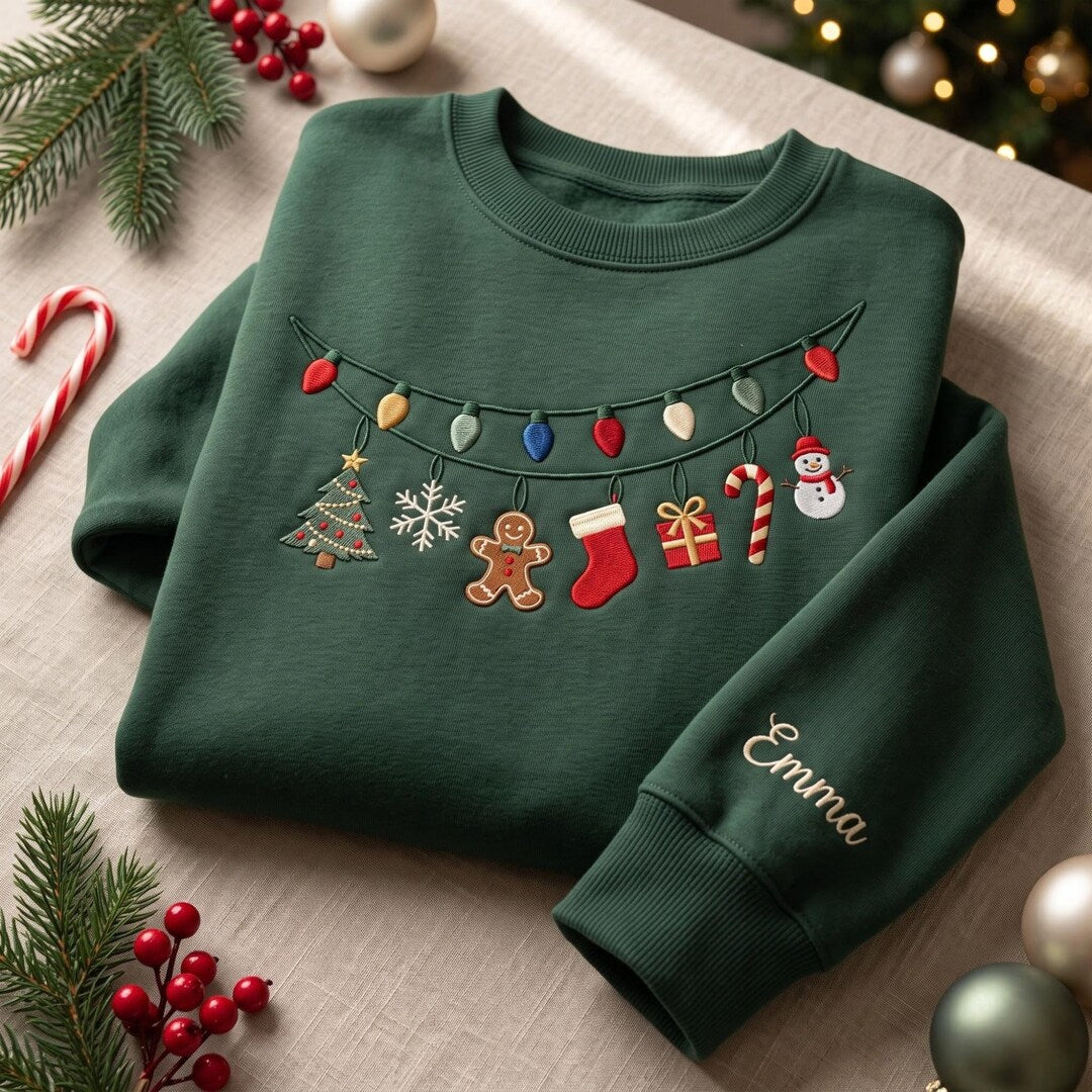 Personalized Christmas Lights Gingerbread Snowman Stocking Tree Custom Name embroidered sweatshirt — front view