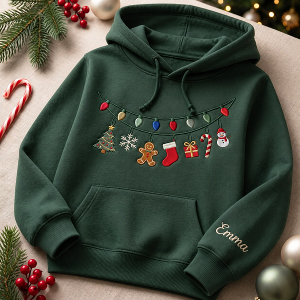 Personalized Christmas Lights Gingerbread Snowman Stocking Tree Custom Name Embroidered Hoodie
