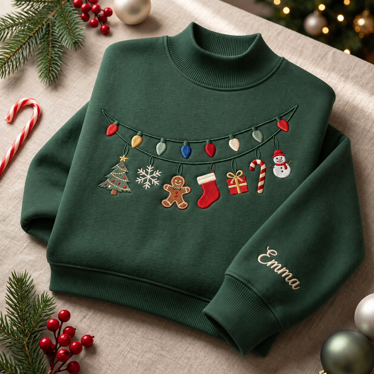 Personalized Christmas Lights Gingerbread Snowman Stocking Tree Custom Name Embroidered Mock Neck Sweatshirt