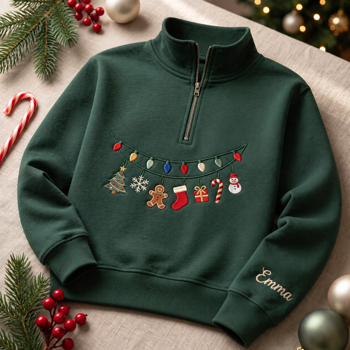 Personalized Christmas Lights Gingerbread Snowman Stocking Tree Custom Name Embroidered Quarter-Zip