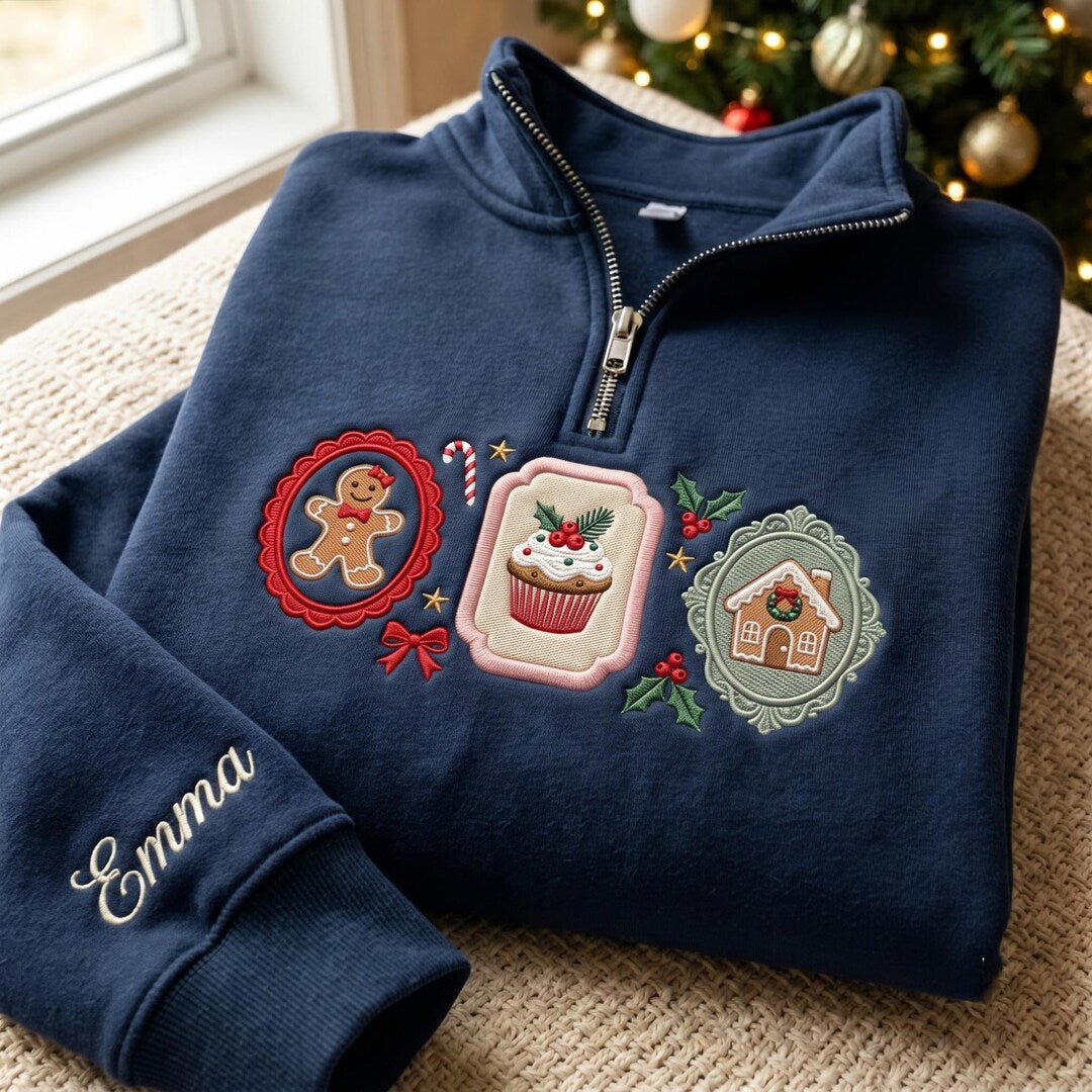 Personalized Christmas Gingerbread Man Cupcake Gingerbread House Framed Holiday embroidered sweatshirt — front view