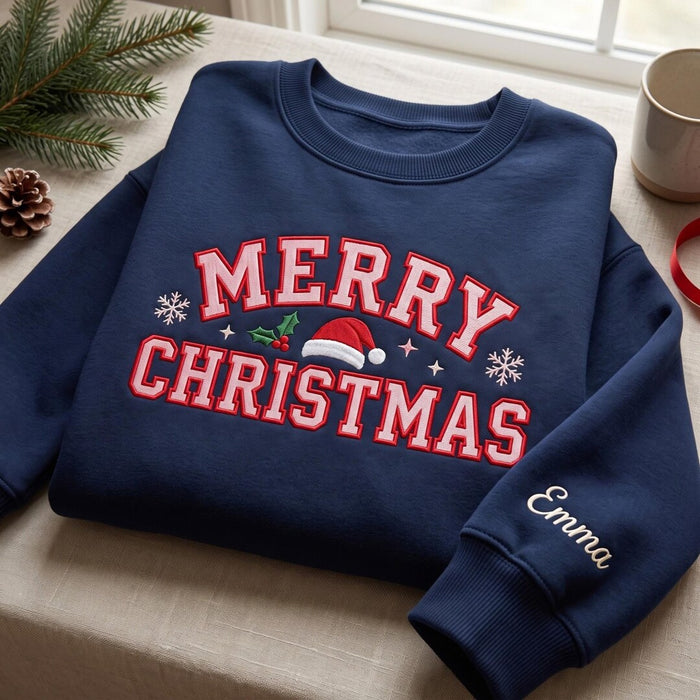 Personalized Merry Christmas Santa Hat Holly Snowflake Custom Name Sleeve Embroidered Sweatshirt