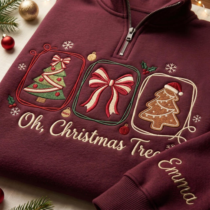 Personalized Oh Christmas Tree Bow Gingerbread Cookie Coquette Custom Name Embroidered Quarter-Zip