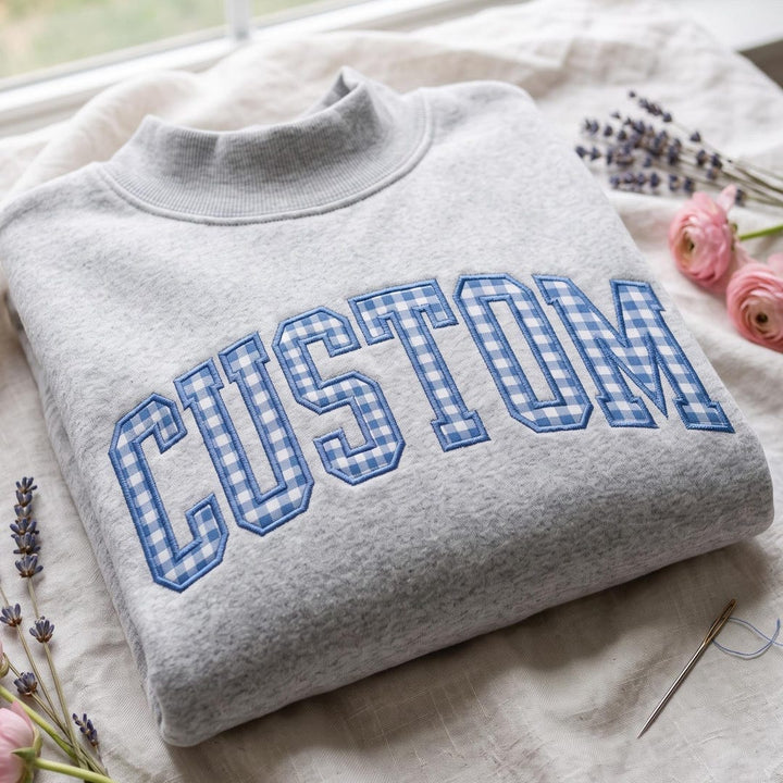 Personalized Custom Name Gingham Applique Varsity Arch Mock Neck embroidered sweatshirt — front view