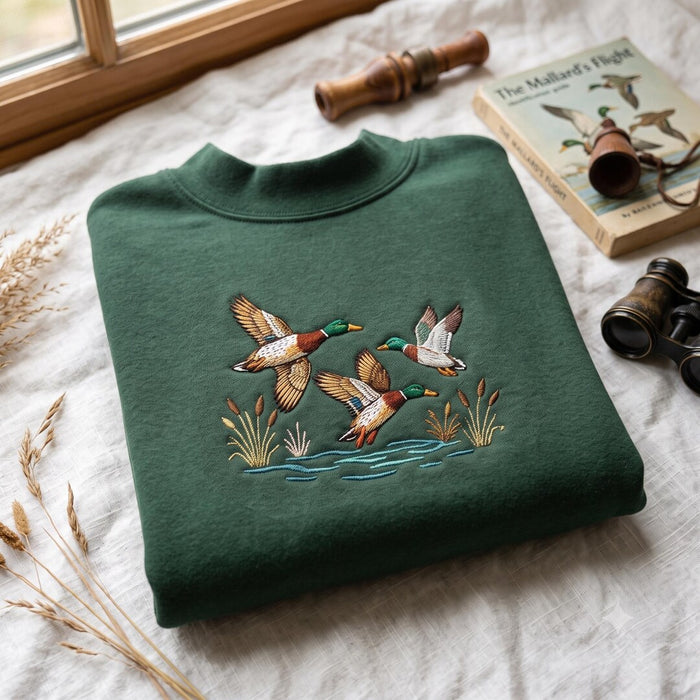 Mallard Ducks Flying Wetland Cattails Water Scene Wildlife Embroidered Mock Neck Sweatshirt