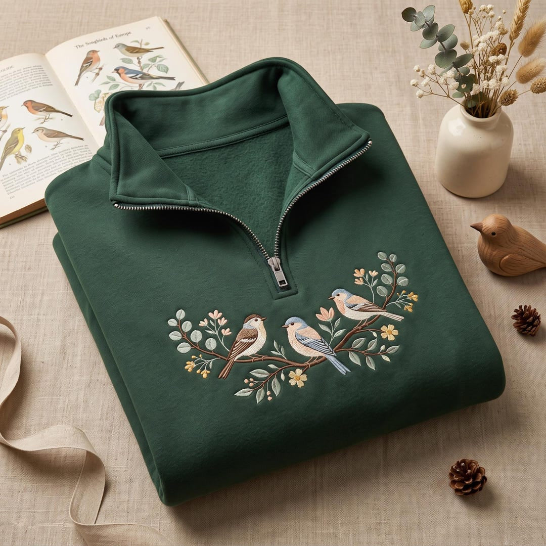Personalized Songbirds on Branch Botanical Floral embroidered sweatshirt — front view