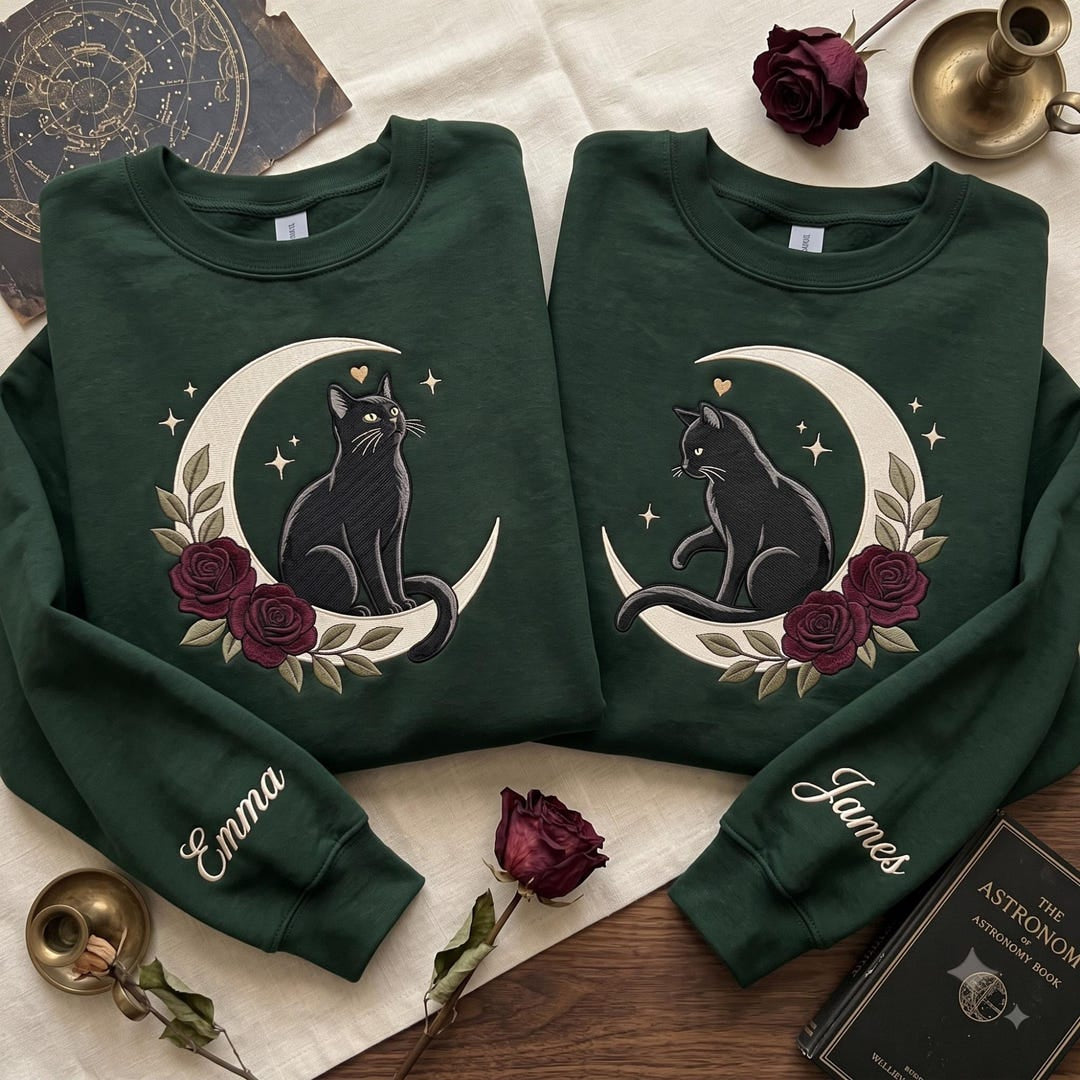Personalized Matching Couple Black Cat Crescent Moon Dark Red Rose embroidered sweatshirt — front view