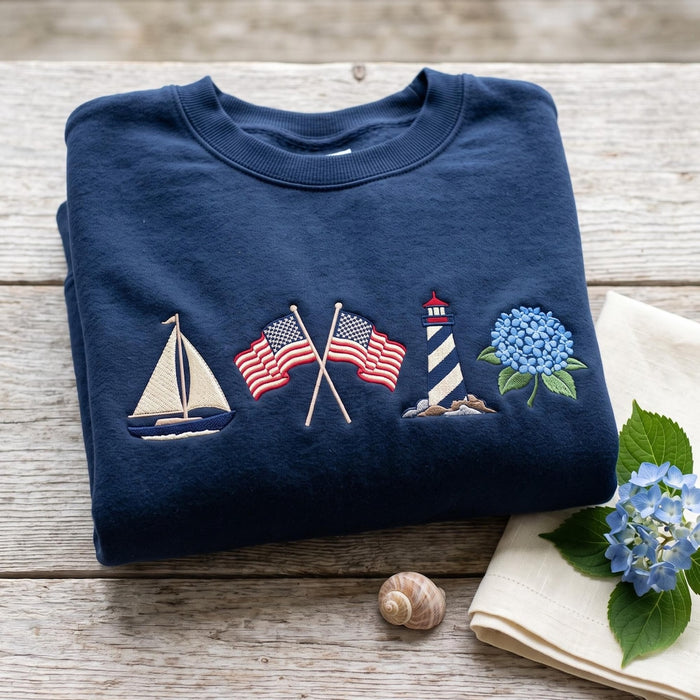 Coastal Sailboat American Flag Lighthouse Hydrangea Nautical Embroidered Sweatshirt