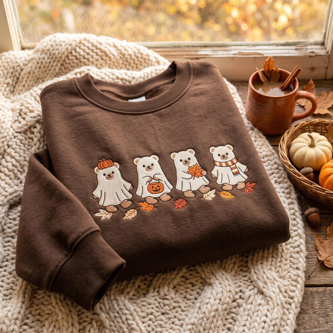 Personalized Halloween Ghost Bear Pumpkin Fall Autumn Leaves embroidered sweatshirt — front view