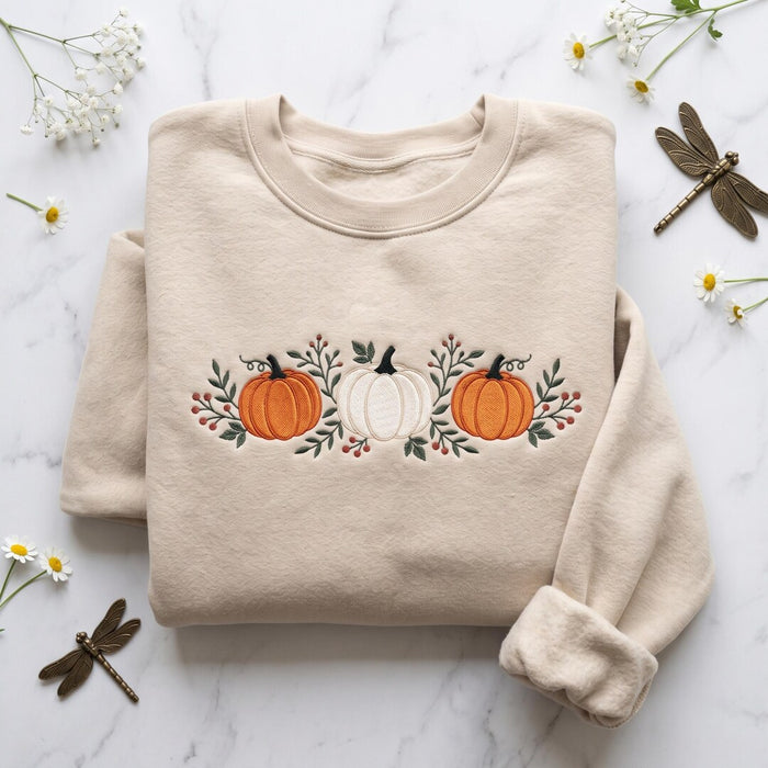 Three Pumpkins Floral Berry Garland Fall Autumn Embroidered Sweatshirt