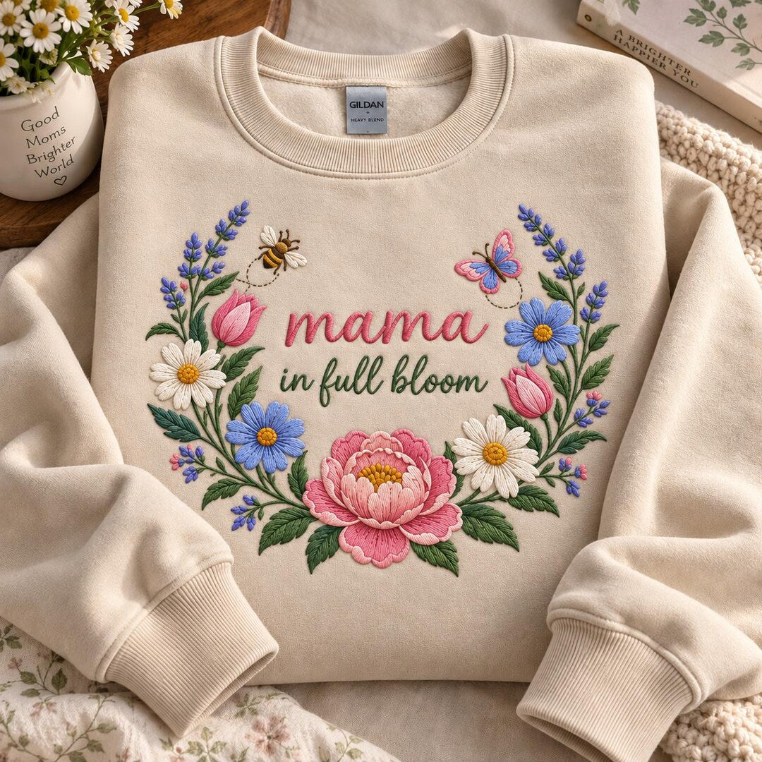 Personalized Mama in Full Bloom Floral Wreath Bee Butterfly embroidered sweatshirt — front view
